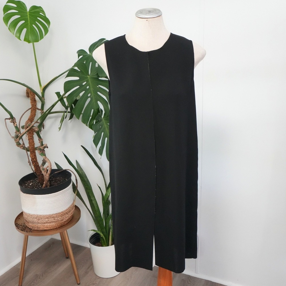 Vince Shift Dress Womens 6 Black Contrast Pleat Sleeveless Minimalist‎ Modern